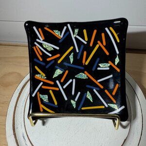 Dichroic Glass Fused Glass Trinket Dish Signed Penny Lines Multicolor